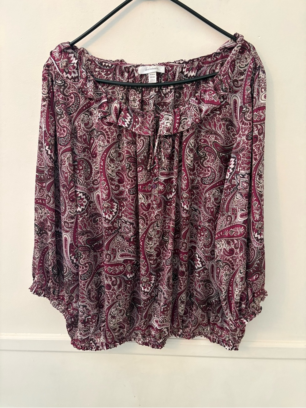 Dressbarn Women’s , Maroon Paisley Top - Elastic Neckline-On/Off Shoulder -Sz 24